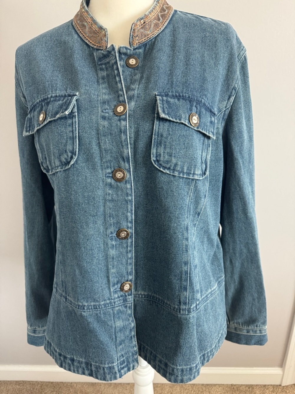 Van Heusen Blue Denim Jacket with Embroidered Stand Collar